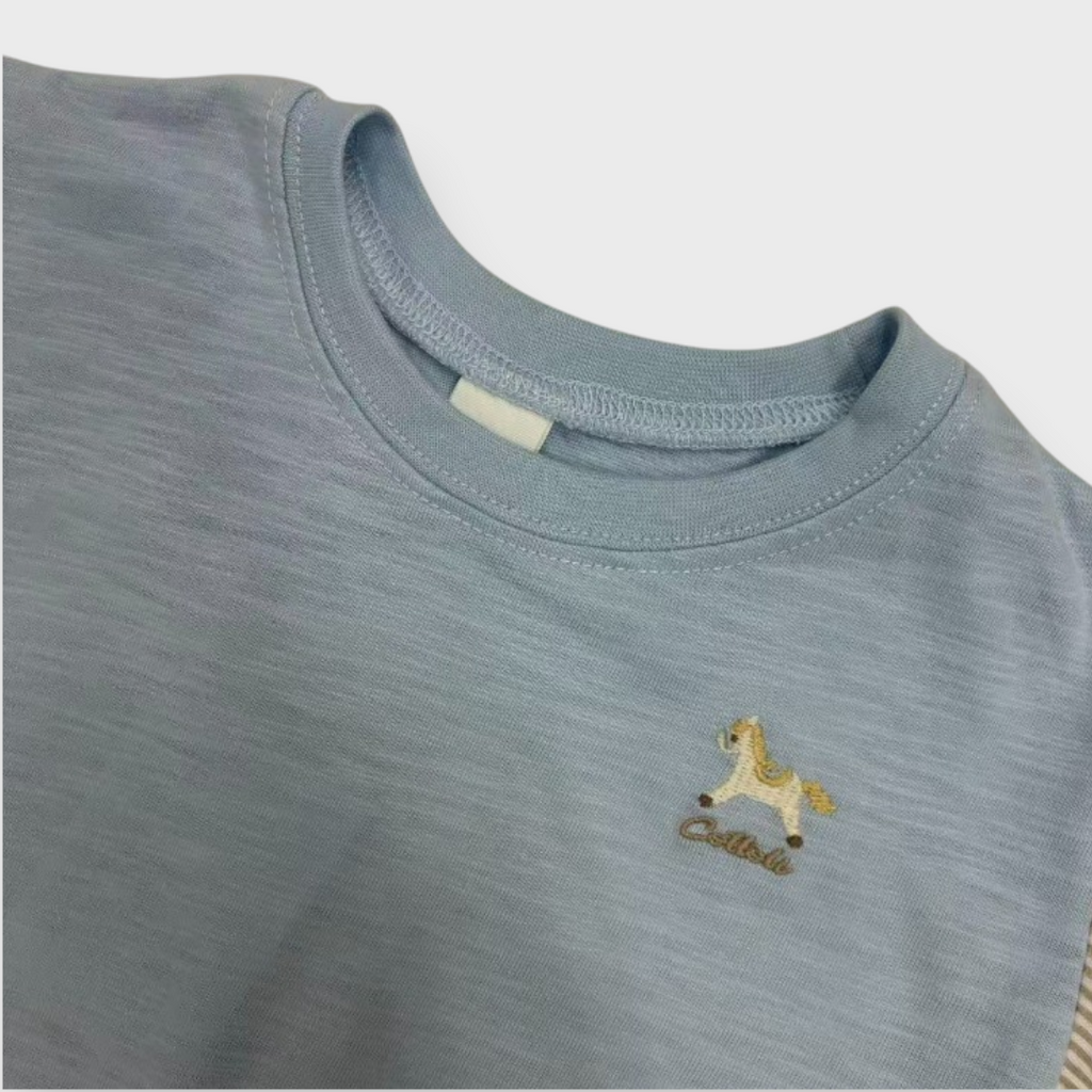 Kids (Size90cm) Colour-Block Tee with Rocking-Horse Embroidery