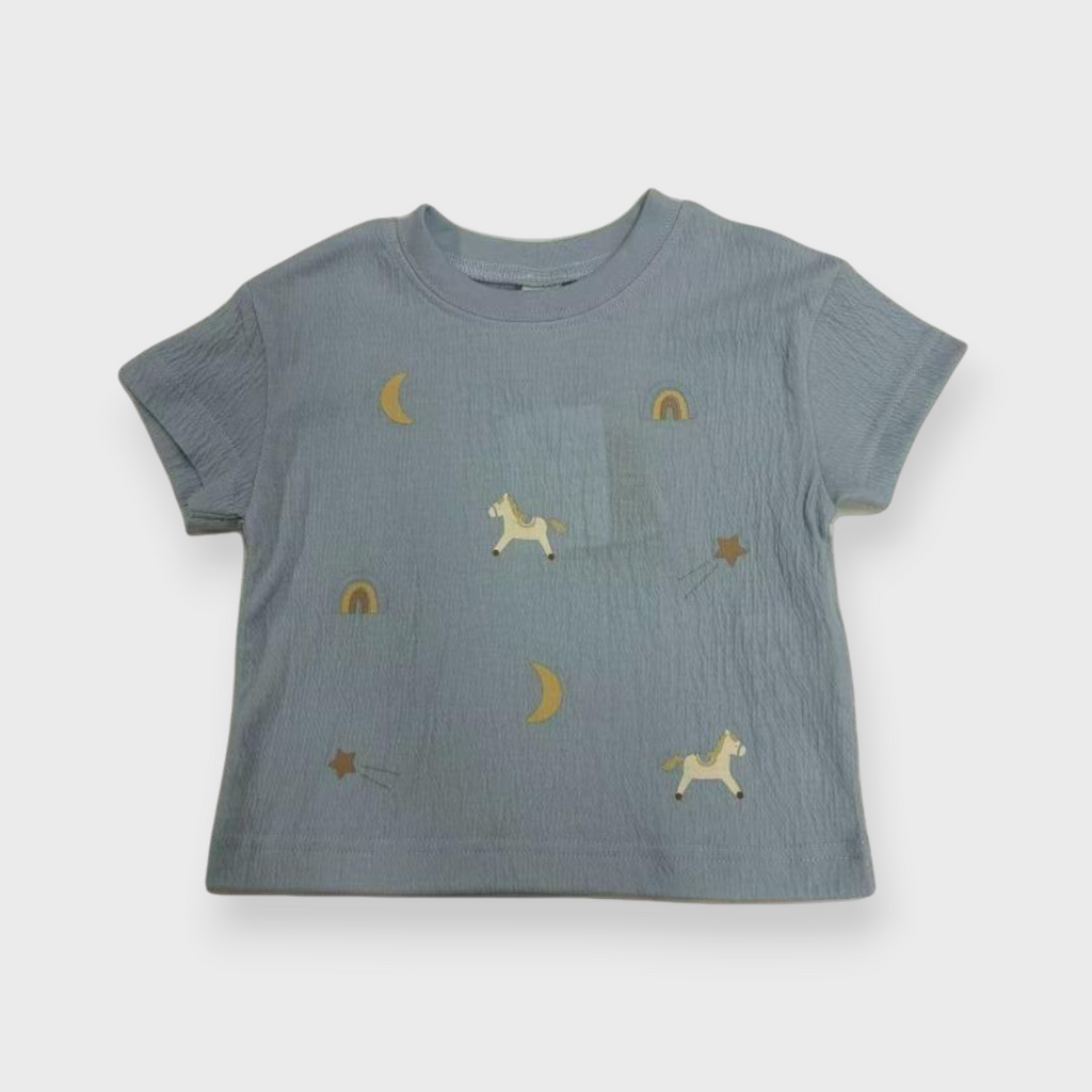 Kids (Size90cm) Textured Tee with Moon & Rainbow Print