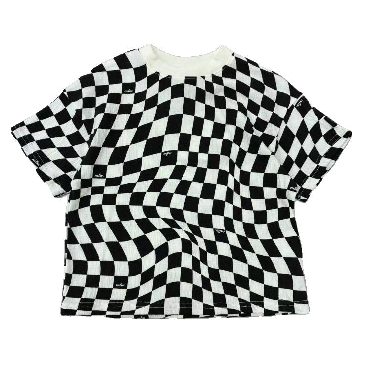 Kids (Size100-120cm) Warped Checkerboard Oversized Tee (Black & White)