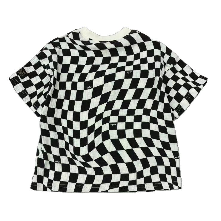 Kids (Size100-120cm) Warped Checkerboard Oversized Tee (Black & White)