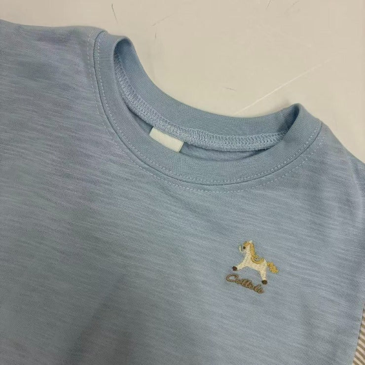 Kids (Size100-110cm) Colour-Block Tee with Rocking-Horse Embroidery