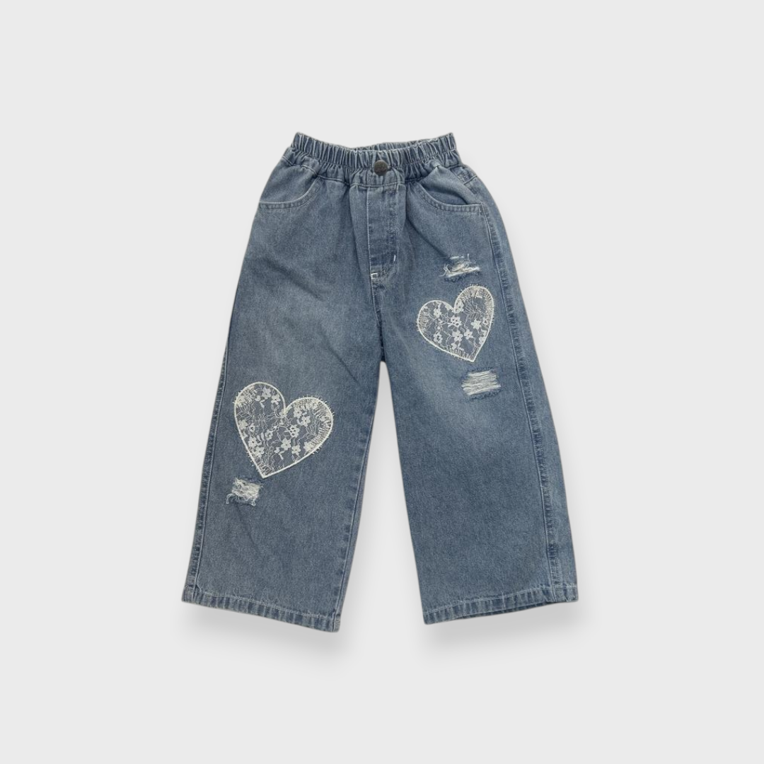 KIDS MY LITTLE WONDER LACE HEART DISTRESSED WIDE-LEG DENIM JEANS (100-120CM)
