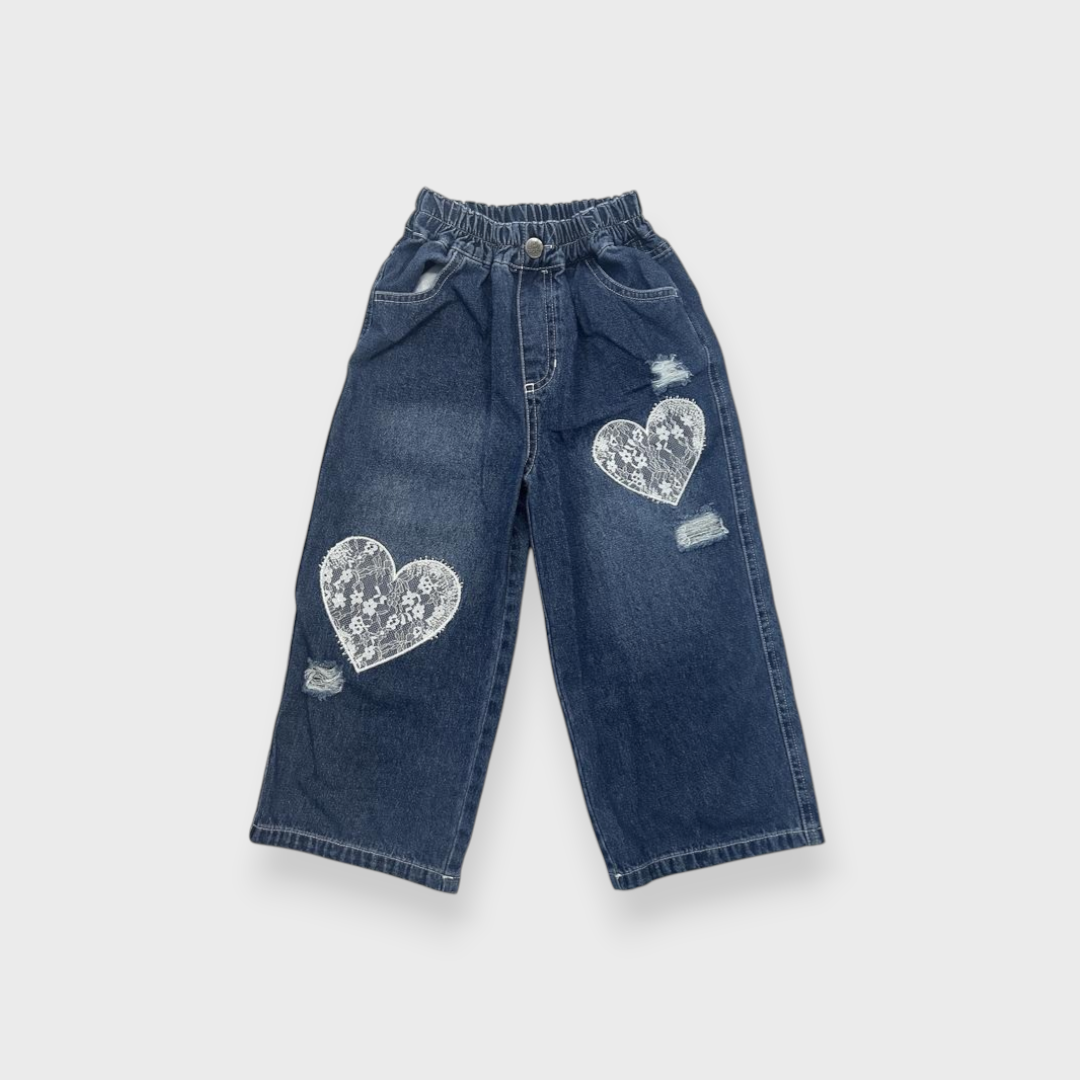 KIDS MY LITTLE WONDER LACE HEART DISTRESSED WIDE-LEG DENIM JEANS (100-120CM)