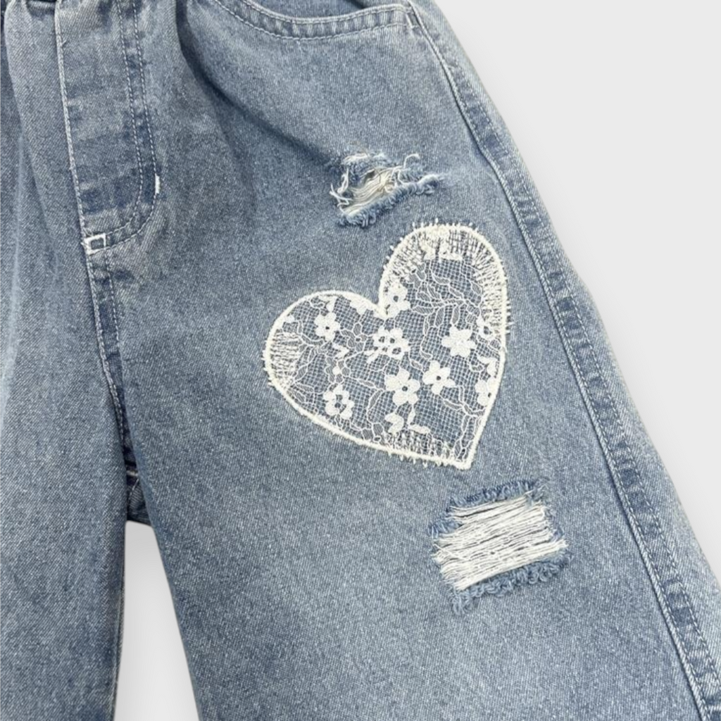 KIDS MY LITTLE WONDER LACE HEART DISTRESSED WIDE-LEG DENIM JEANS (100-120CM)