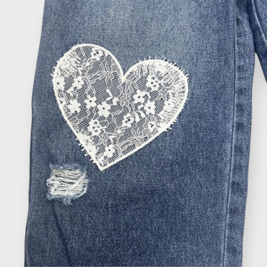 KIDS MY LITTLE WONDER LACE HEART DISTRESSED WIDE-LEG DENIM JEANS (100-120CM)