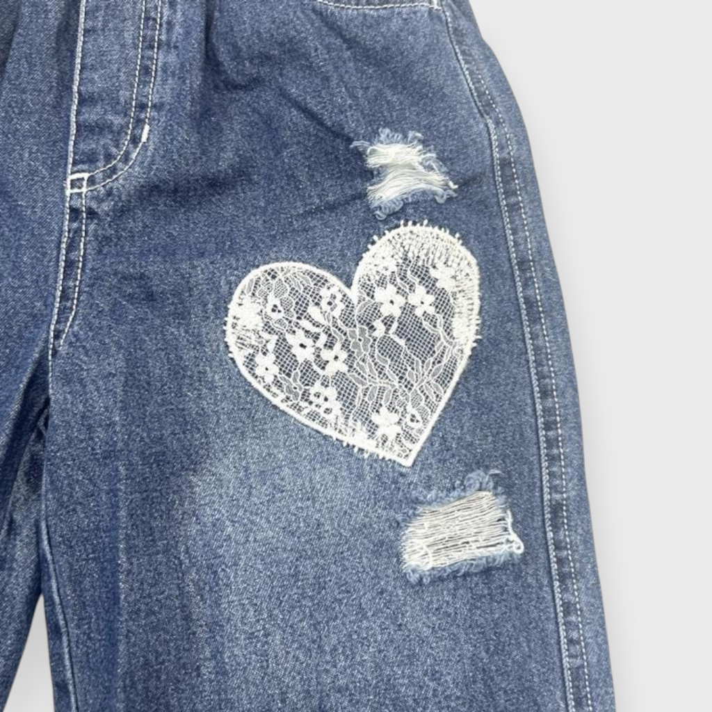 KIDS MY LITTLE WONDER LACE HEART DISTRESSED WIDE-LEG DENIM JEANS (100-120CM)