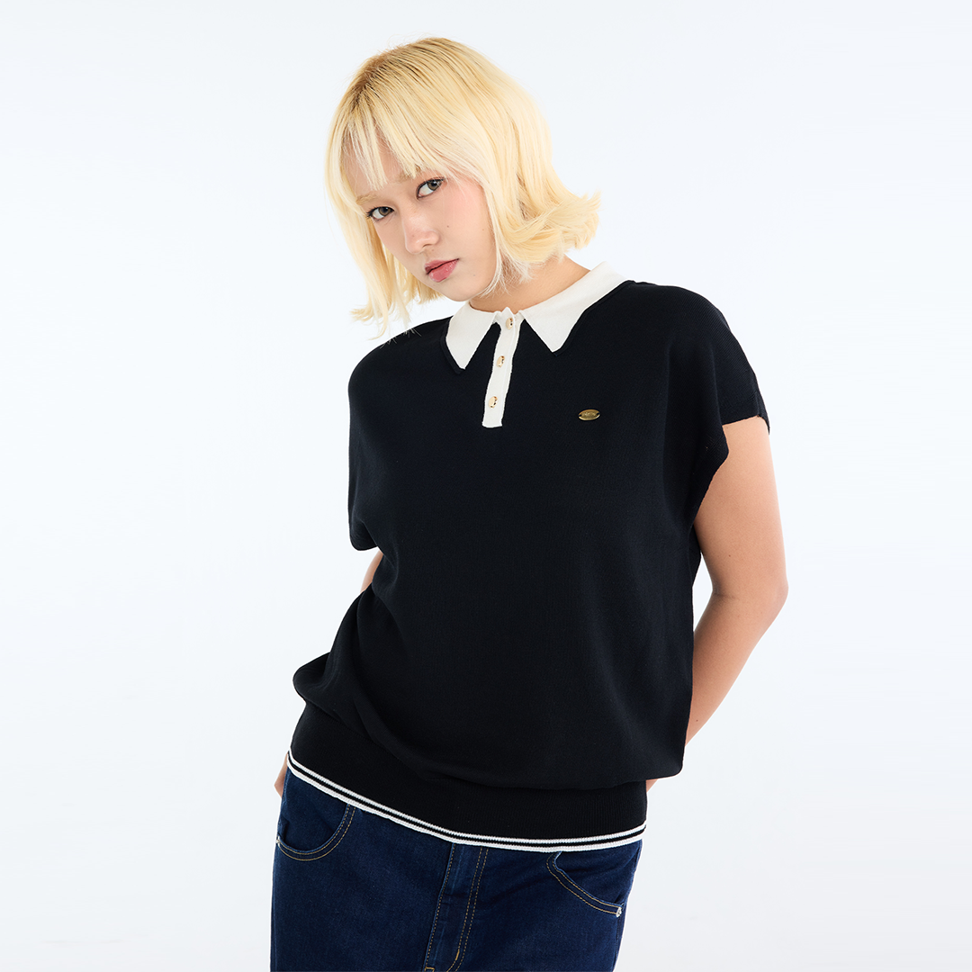 เสื้อถักแขนกุดคอปกทูโทน รุ่น “คุณหนูสไตล์วินเทจ”