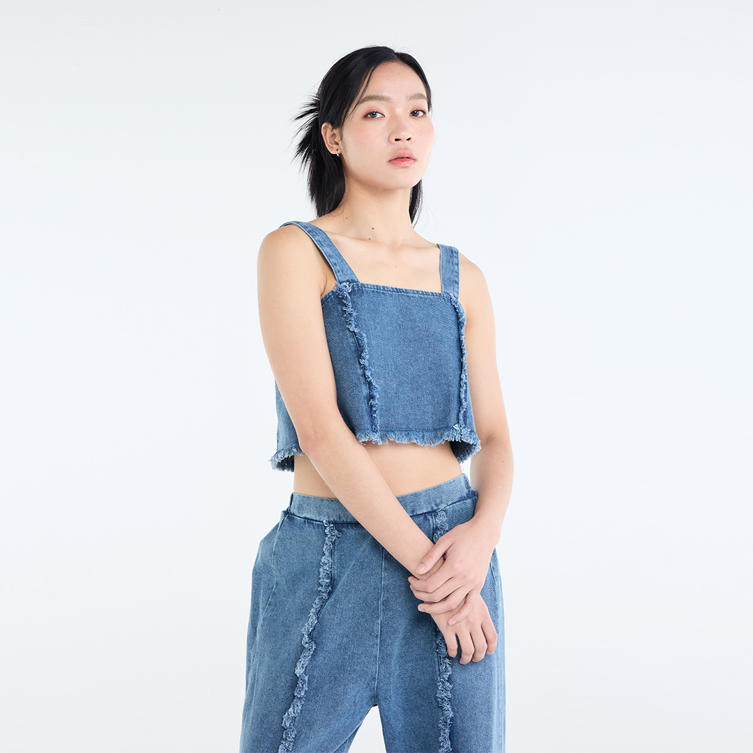 RAW-EDGE DENIM CROP TOP & RELAXED PANTS SET