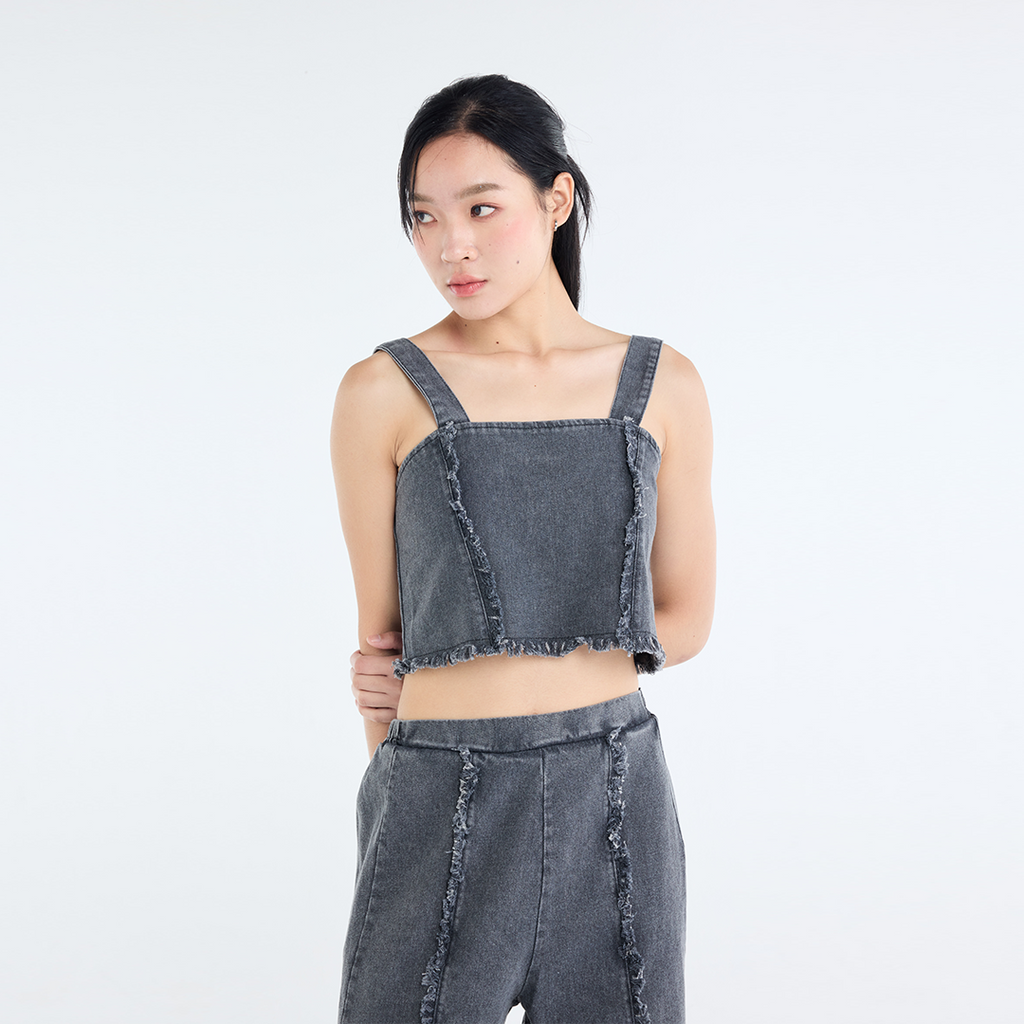 RAW-EDGE DENIM CROP TOP & RELAXED PANTS SET