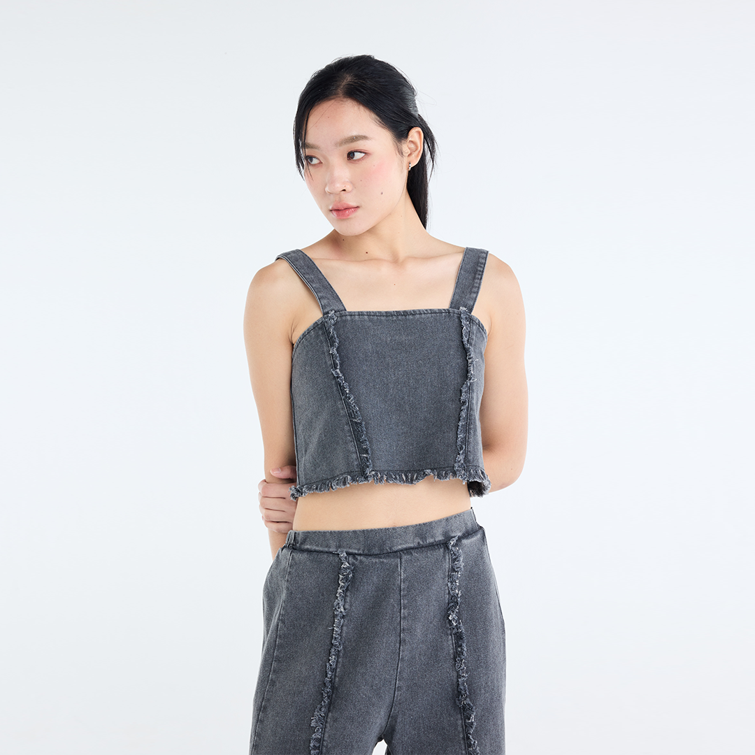 RAW-EDGE DENIM CROP TOP & RELAXED PANTS SET