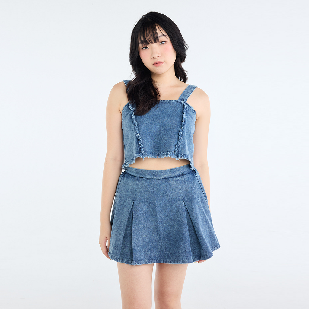 RAW-EDGE DENIM CROP TOP & PLEATED MINI SKIRT SET (2 COLORS)