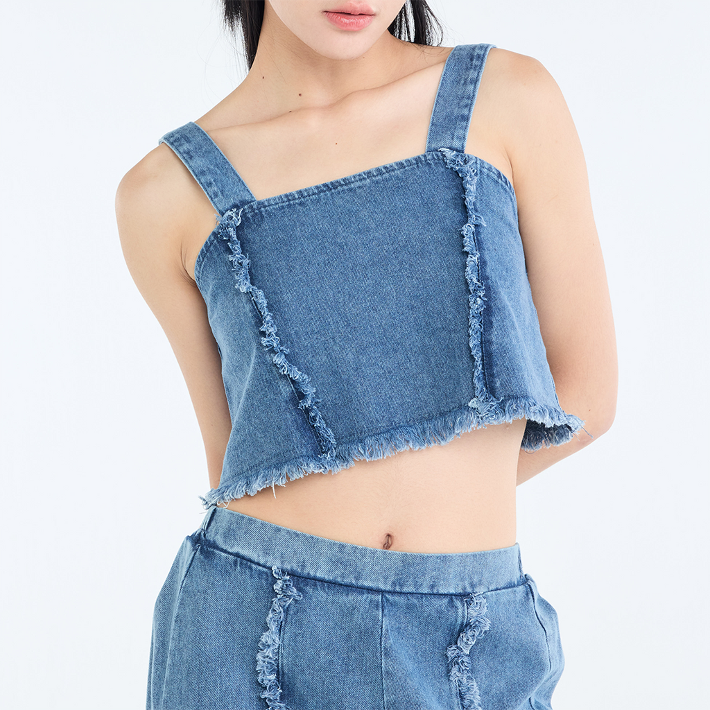 RAW-EDGE DENIM CROP TOP & RELAXED PANTS SET