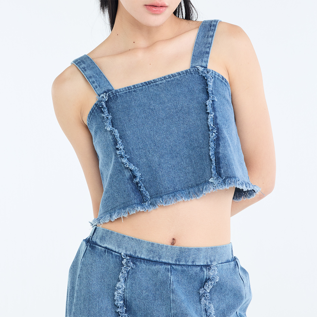 RAW-EDGE DENIM CROP TOP & RELAXED PANTS SET