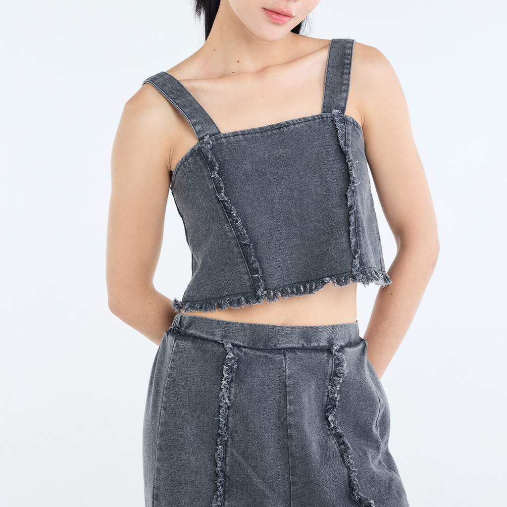 RAW-EDGE DENIM CROP TOP & RELAXED PANTS SET