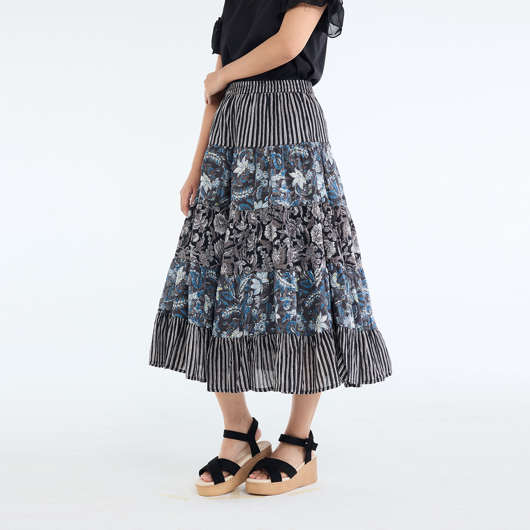 PATCHWORK FLORAL TIERED SKIRT – FLOWY EVERYDAY SKIRT WITH MIXED PRINT CHARM