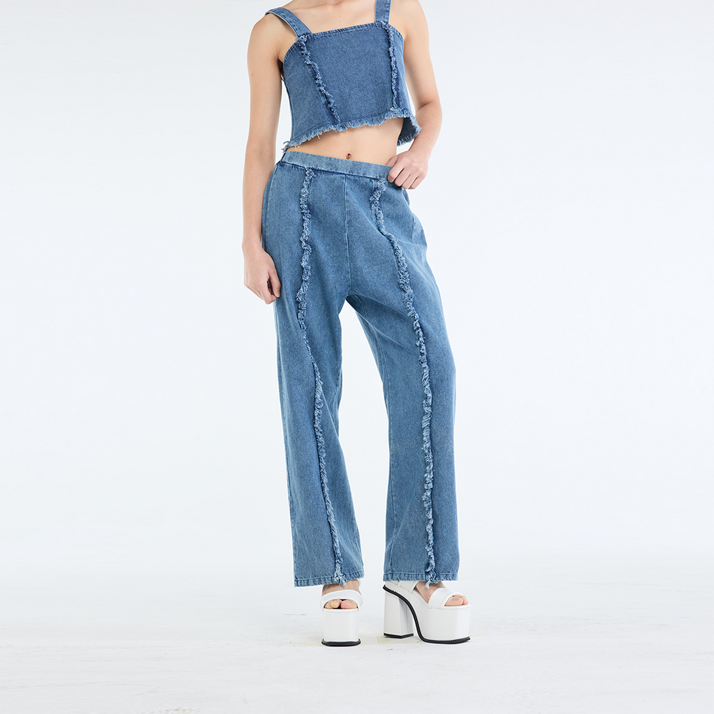 RAW-EDGE DENIM CROP TOP & RELAXED PANTS SET