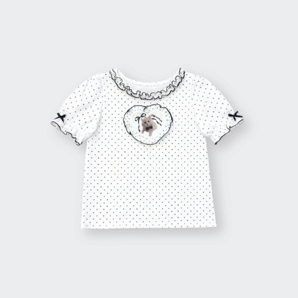 Majoretty x Airi - Polka Dot Cat Tee with Heart Ruffle Details