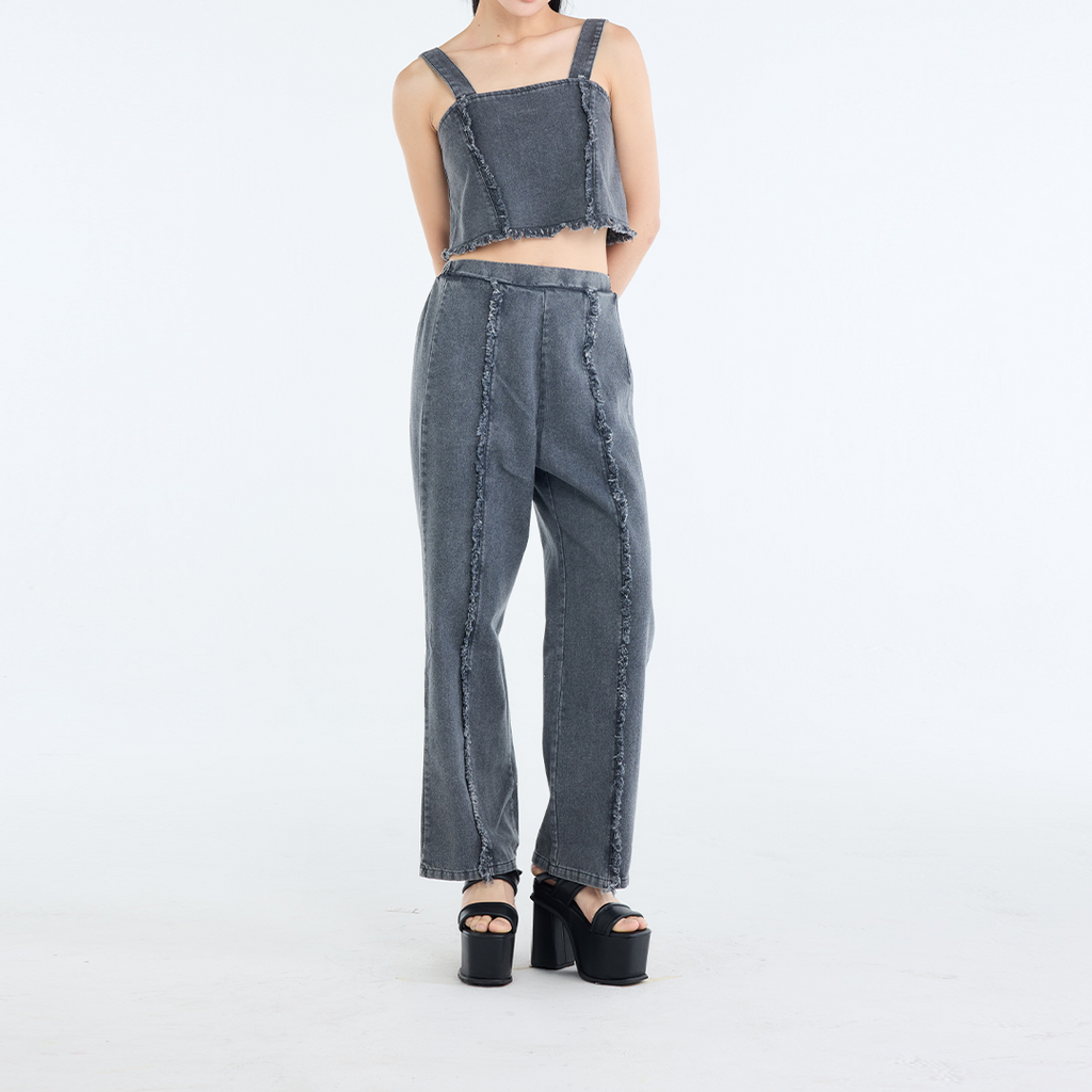 RAW-EDGE DENIM CROP TOP & RELAXED PANTS SET