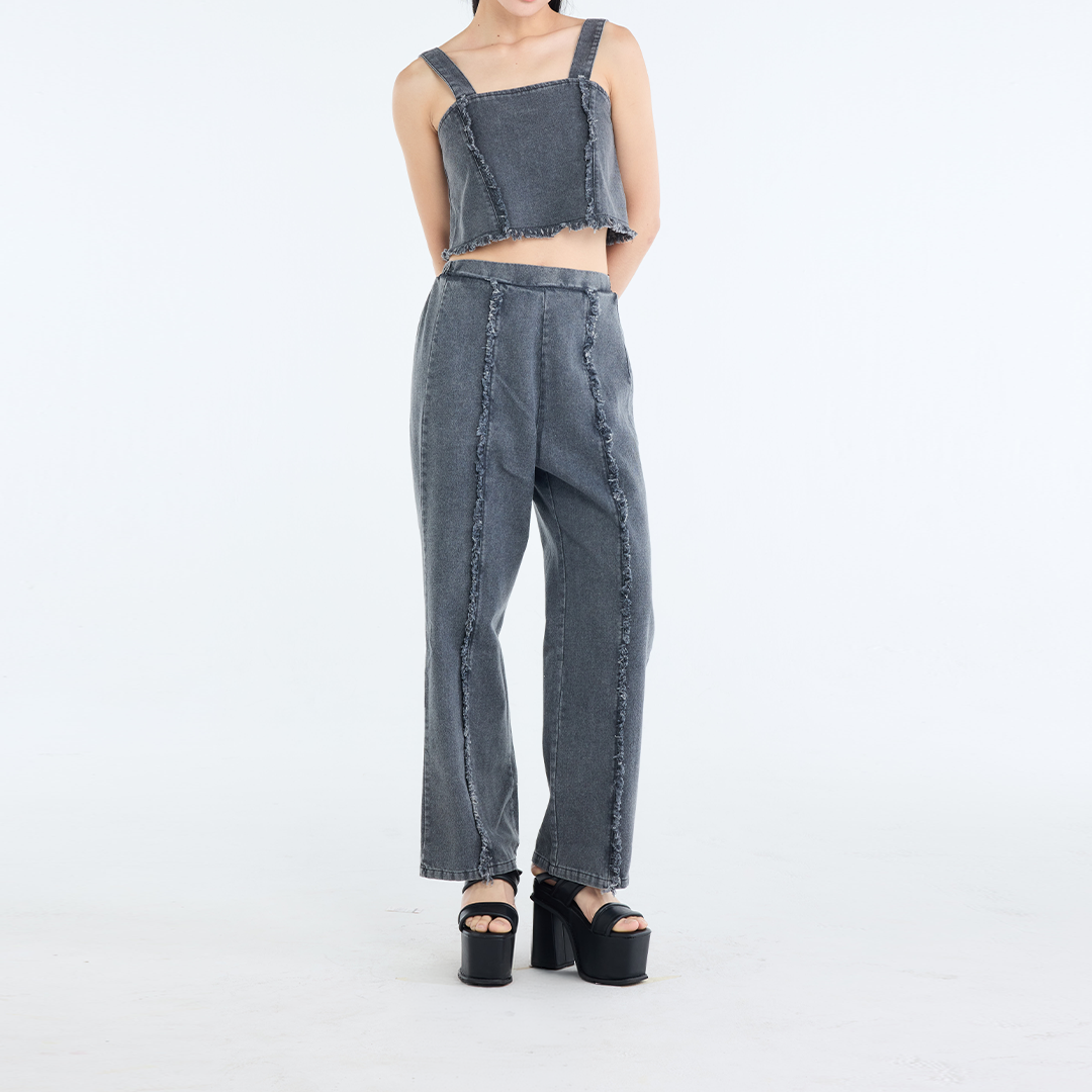 RAW-EDGE DENIM CROP TOP & RELAXED PANTS SET