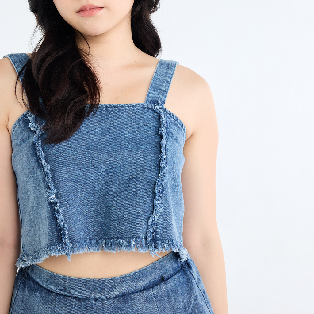 RAW-EDGE DENIM CROP TOP & PLEATED MINI SKIRT SET (2 COLORS)