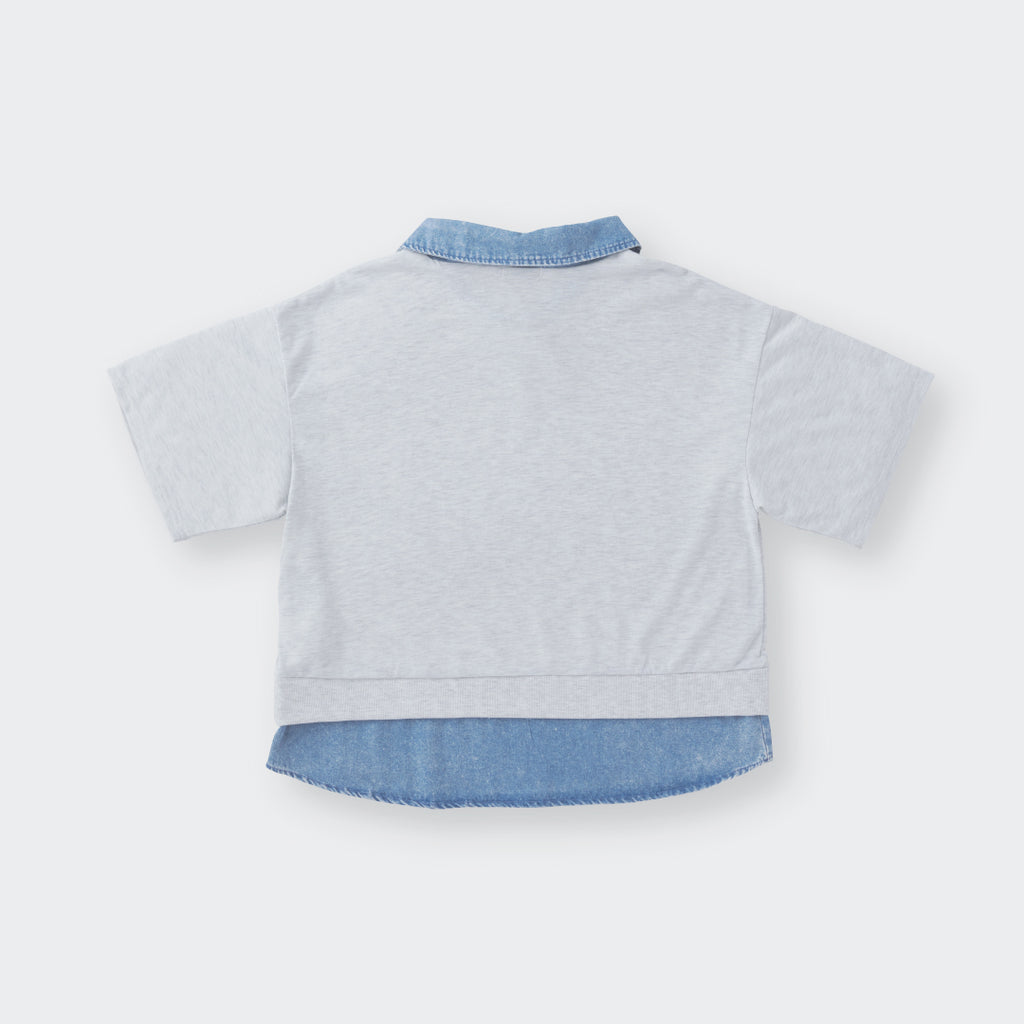 เสื้อยืดคอปกเดนิม พิมพ์ลาย LIVEFREE ทรงครอป ใส่สบายมีลูกเล่น