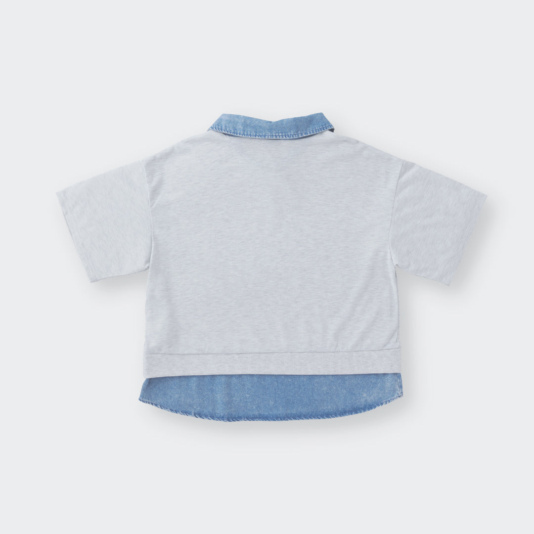 เสื้อยืดคอปกเดนิม พิมพ์ลาย LIVEFREE ทรงครอป ใส่สบายมีลูกเล่น