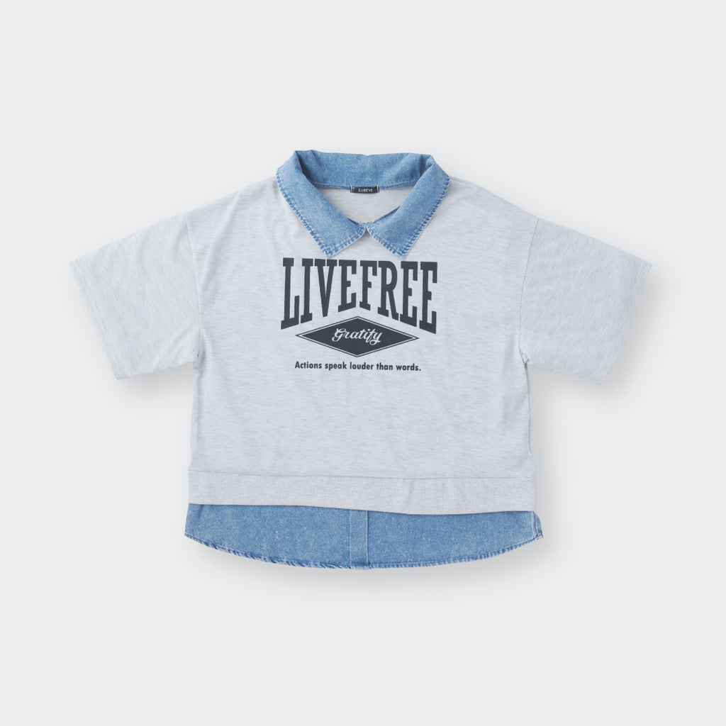 เสื้อยืดคอปกเดนิม พิมพ์ลาย LIVEFREE ทรงครอป ใส่สบายมีลูกเล่น
