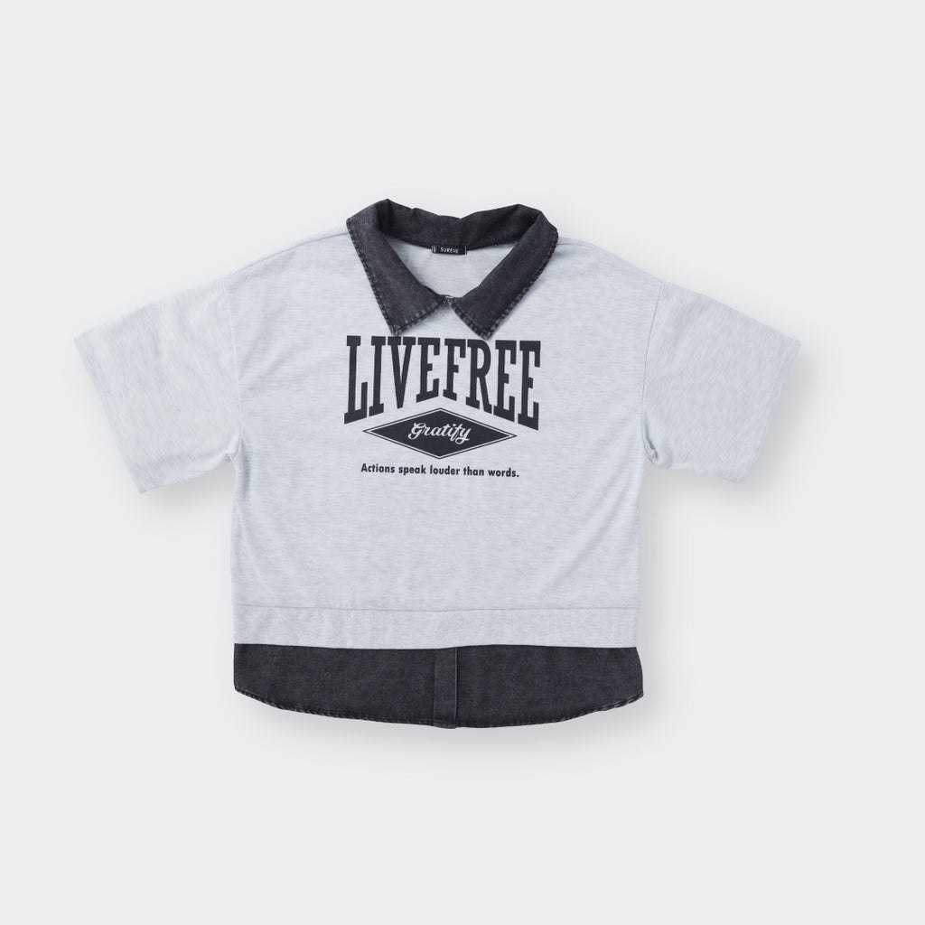 เสื้อยืดคอปกเดนิม พิมพ์ลาย LIVEFREE ทรงครอป ใส่สบายมีลูกเล่น