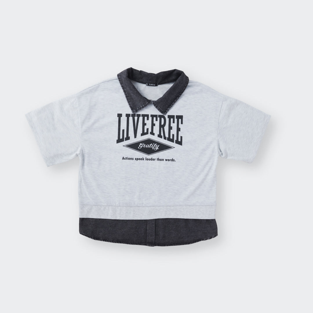 เสื้อยืดคอปกเดนิม พิมพ์ลาย LIVEFREE ทรงครอป ใส่สบายมีลูกเล่น