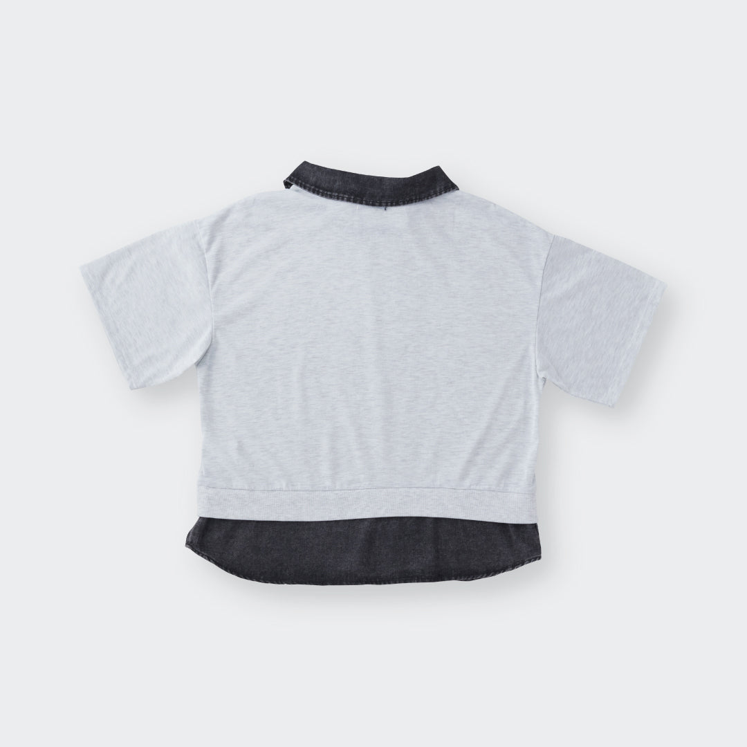 เสื้อยืดคอปกเดนิม พิมพ์ลาย LIVEFREE ทรงครอป ใส่สบายมีลูกเล่น