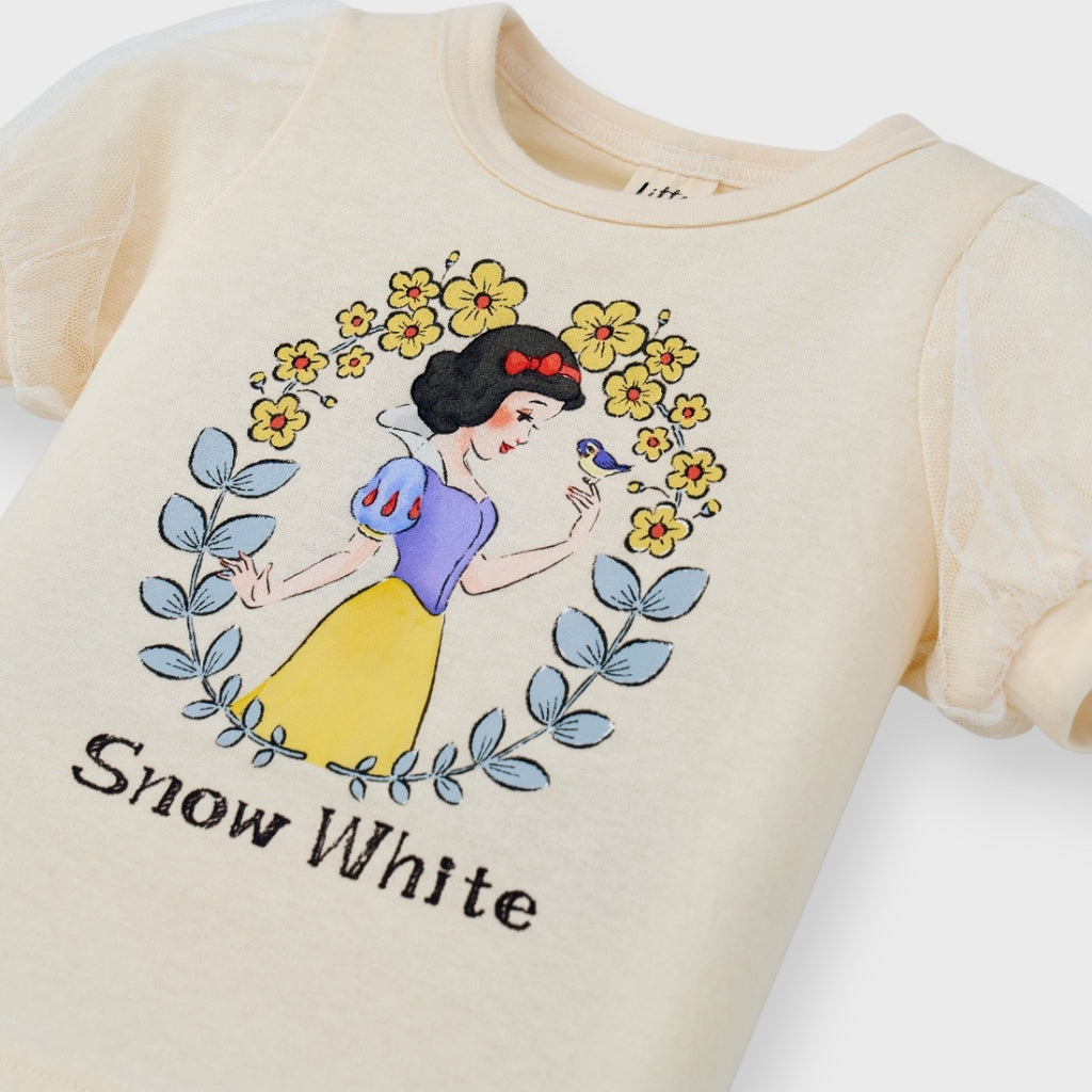 [DISNEY] Cream Puff Sleeve Snow White Floral Graphic T-Shirt Kids (Size 90-100)