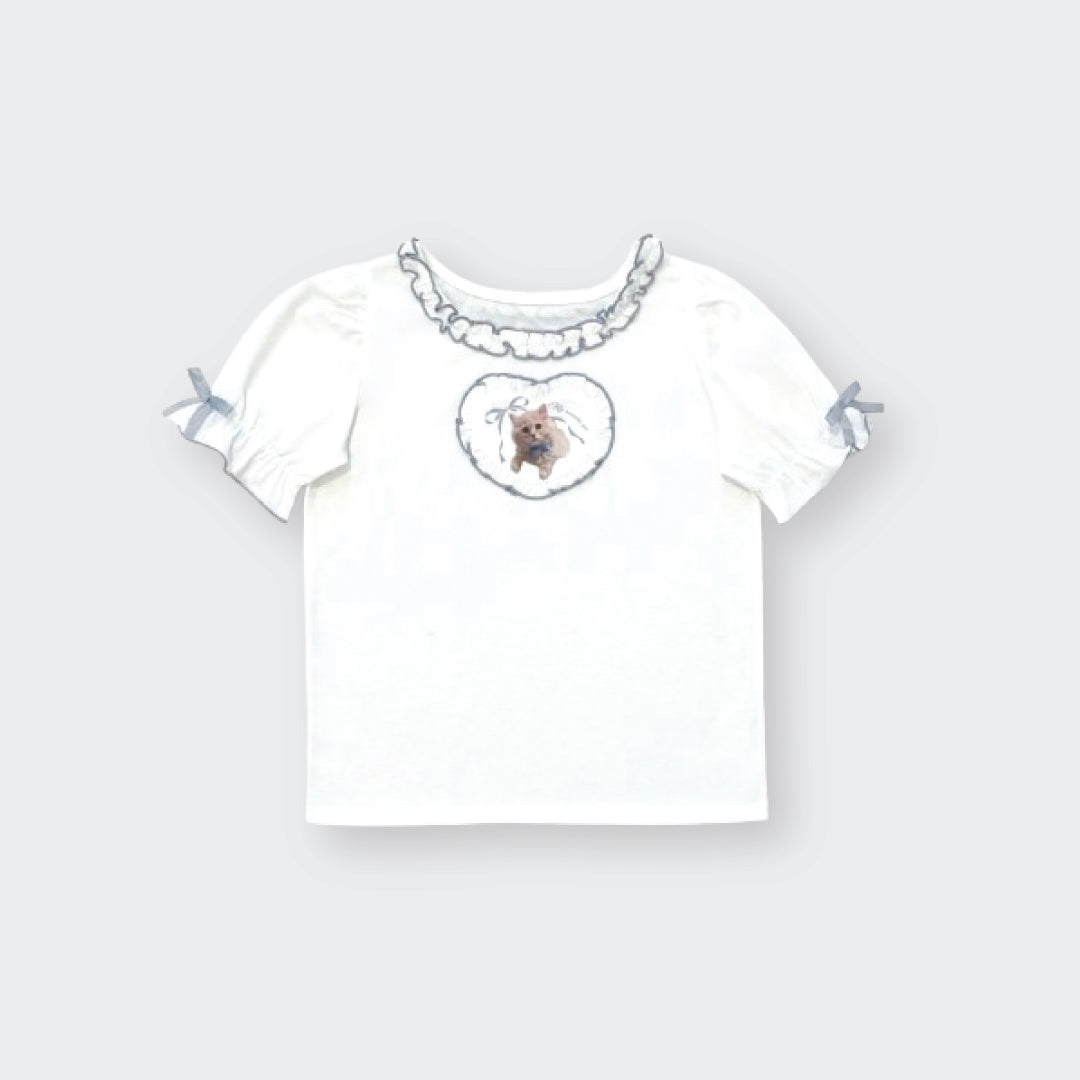 Majoretty x Airi  - เสื้อยืดลายน้องแมว แต่งระบายโบว์ลุคหวาน