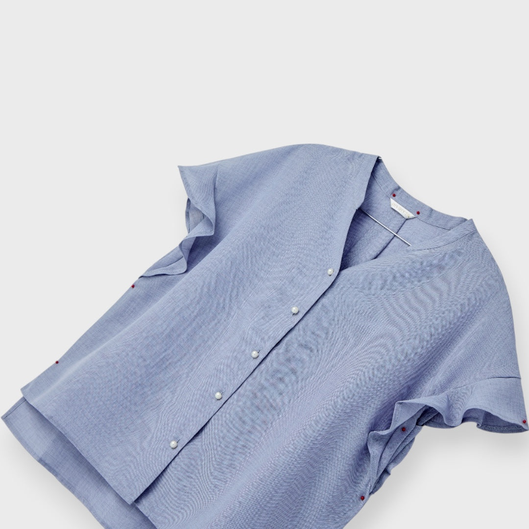 LADIES LINEN-LIKE RUFFLE SLEEVE BLOUSE
