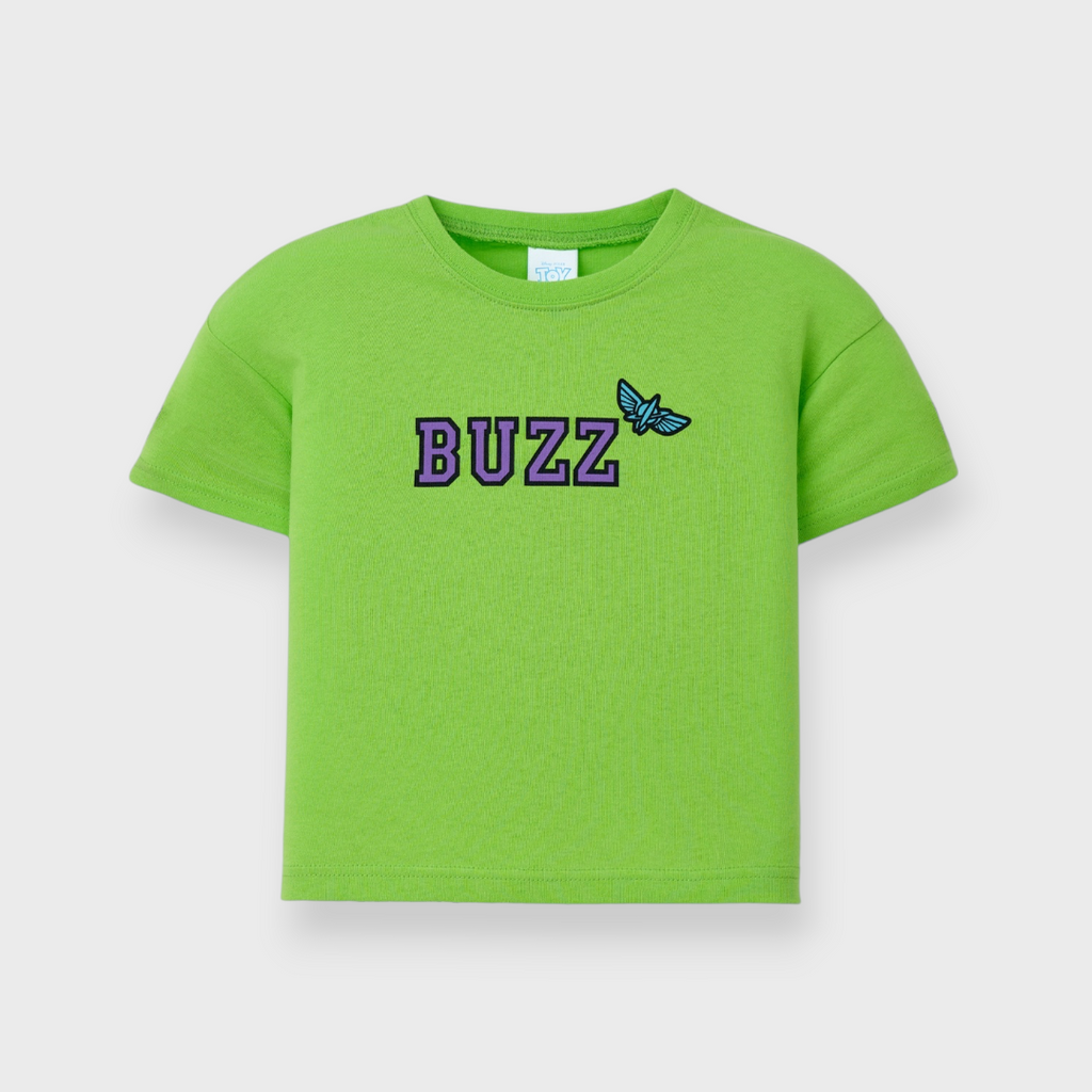Green BUZZ T-Shirt with Cute Sleeve Patch Fun & Comfy Everyday Tee Kids (Size 110-120)