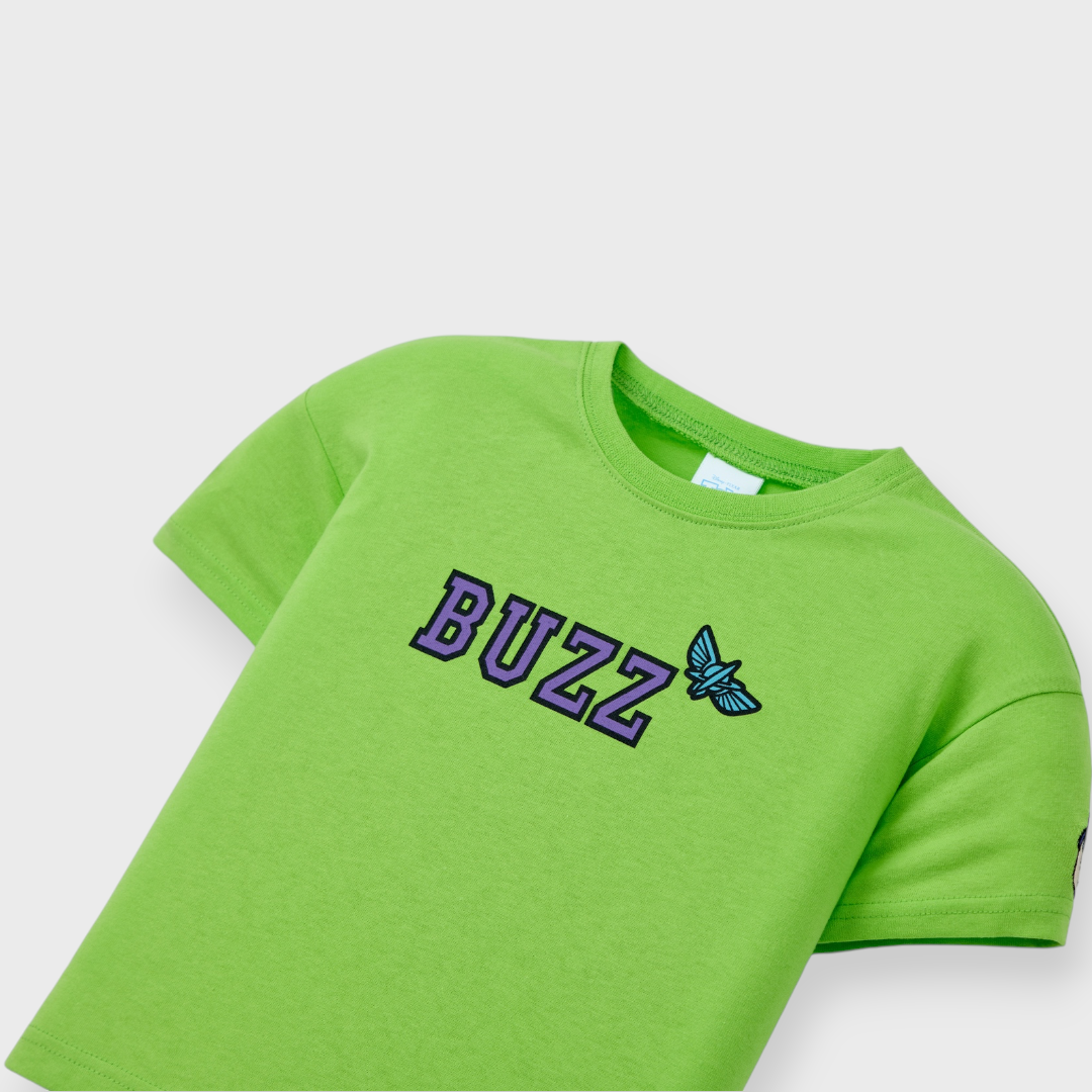 Green BUZZ T-Shirt with Cute Sleeve Patch Fun & Comfy Everyday Tee Kids (Size 110-120)
