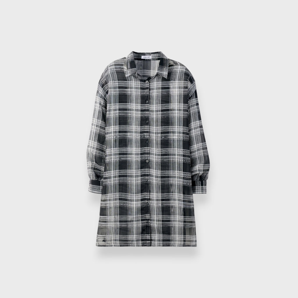 LADIES SHEER CHECK LONG SHIRT BLACK
