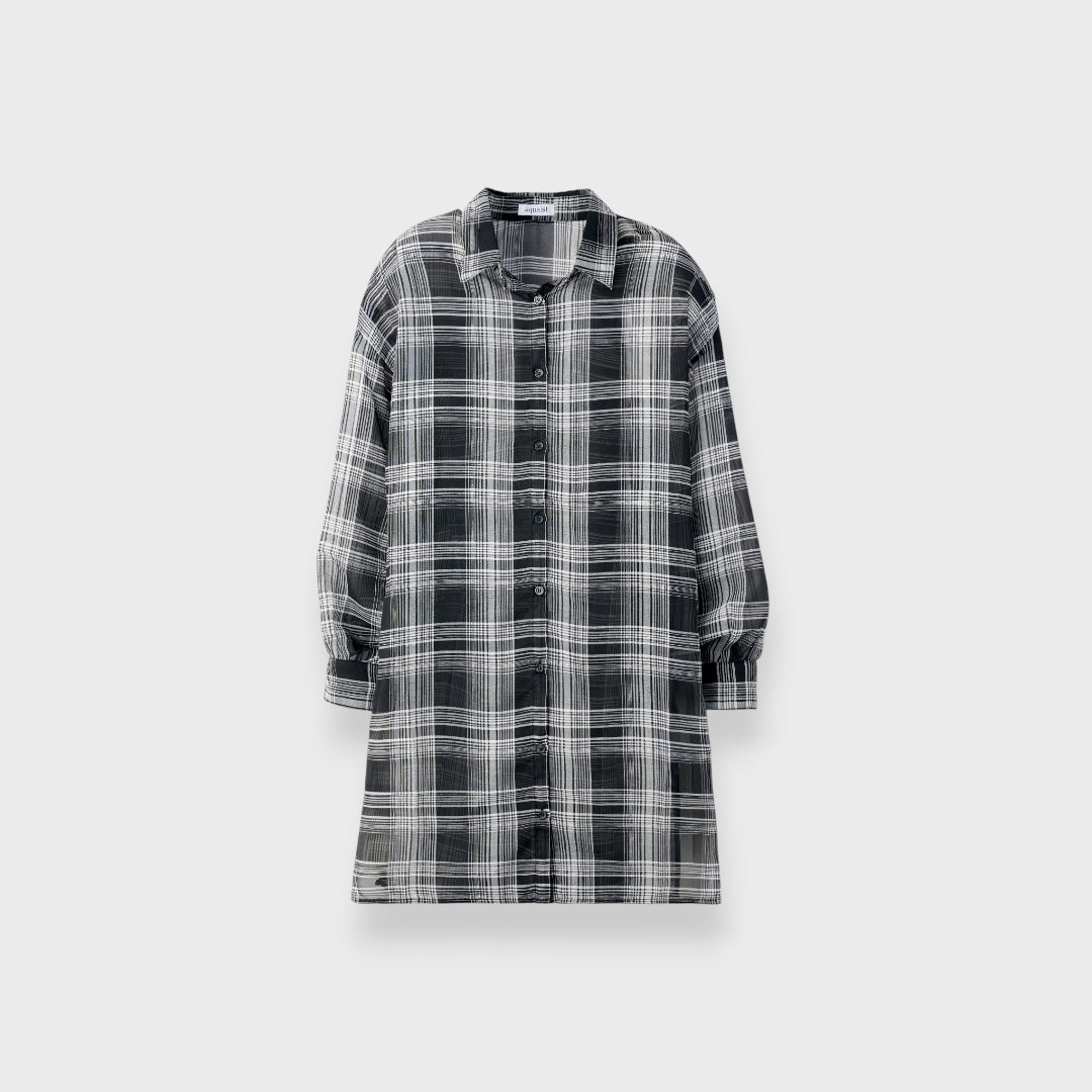 LADIES SHEER CHECK LONG SHIRT BLACK