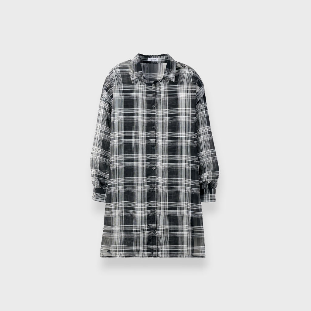 LADIES SHEER CHECK LONG SHIRT BLACK