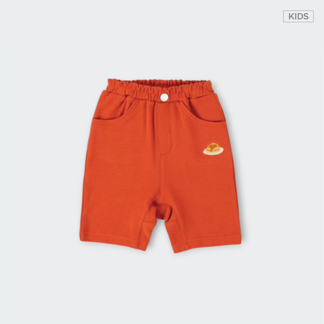 Kids กางเกงขาสั้นเด็กสีส้ม ลายแพนเค้กนุ่มฟู ใส่สบาย วิ่งเล่นเพลิน