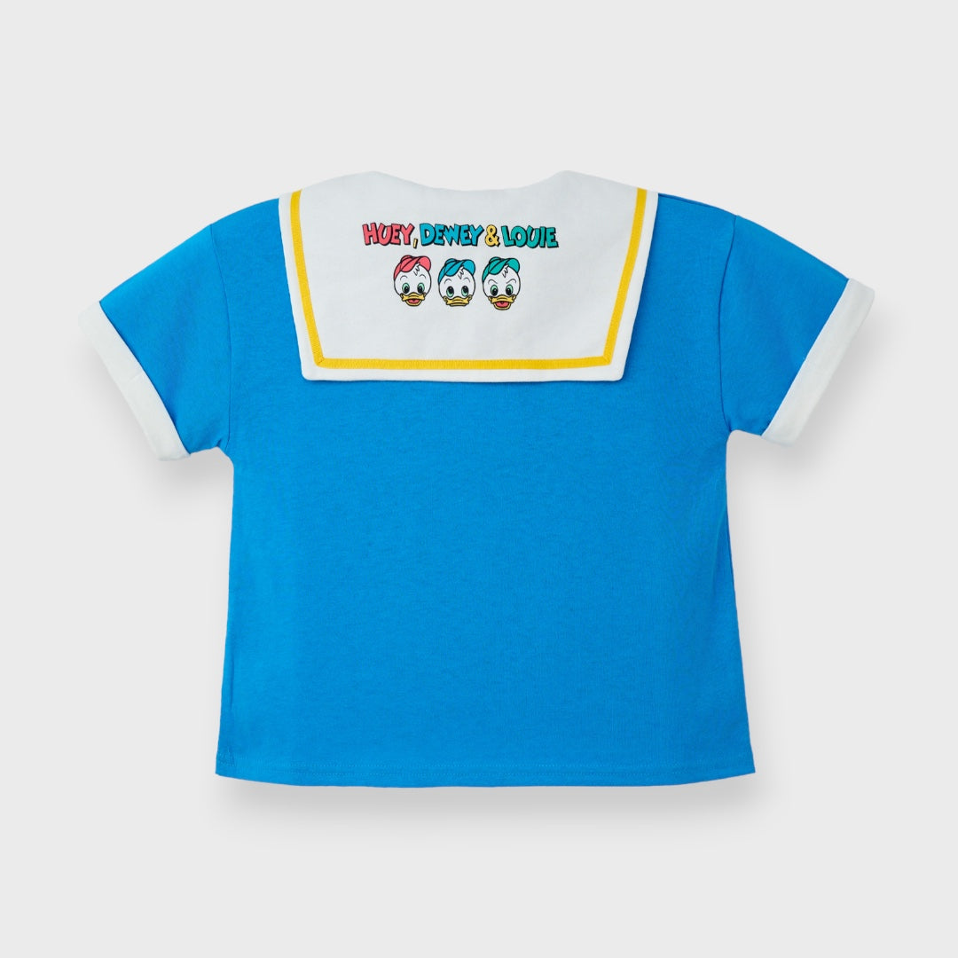 Kids (Size 110-130) เสื้อยืดเด็ก Disney โดนัลด์ดั๊ก สีฟ้าคอปกกะลาสี โบว์แดงพร้อมผจญภัย
