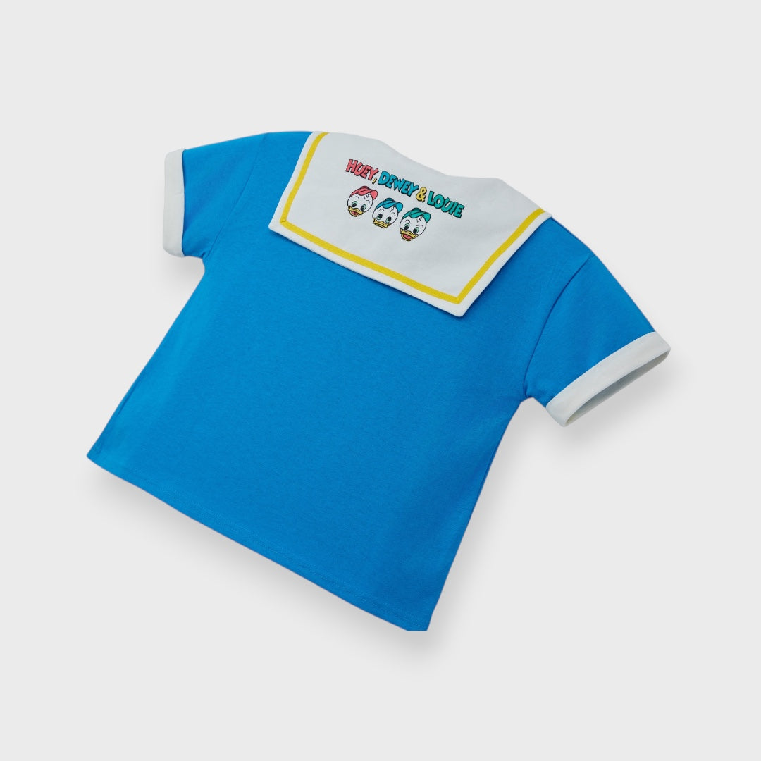 Kids (Size 110-130) เสื้อยืดเด็ก Disney โดนัลด์ดั๊ก สีฟ้าคอปกกะลาสี โบว์แดงพร้อมผจญภัย