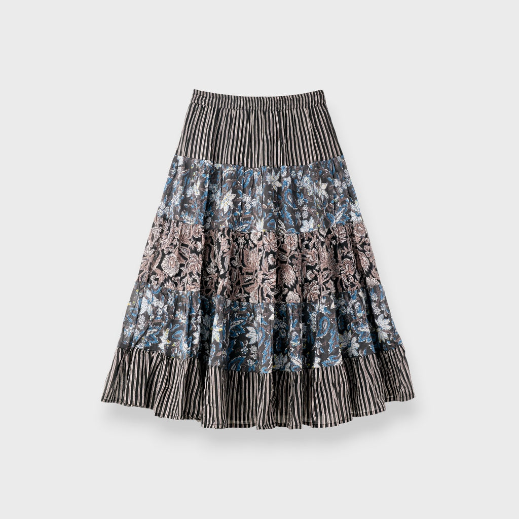 PATCHWORK FLORAL TIERED SKIRT – FLOWY EVERYDAY SKIRT WITH MIXED PRINT CHARM