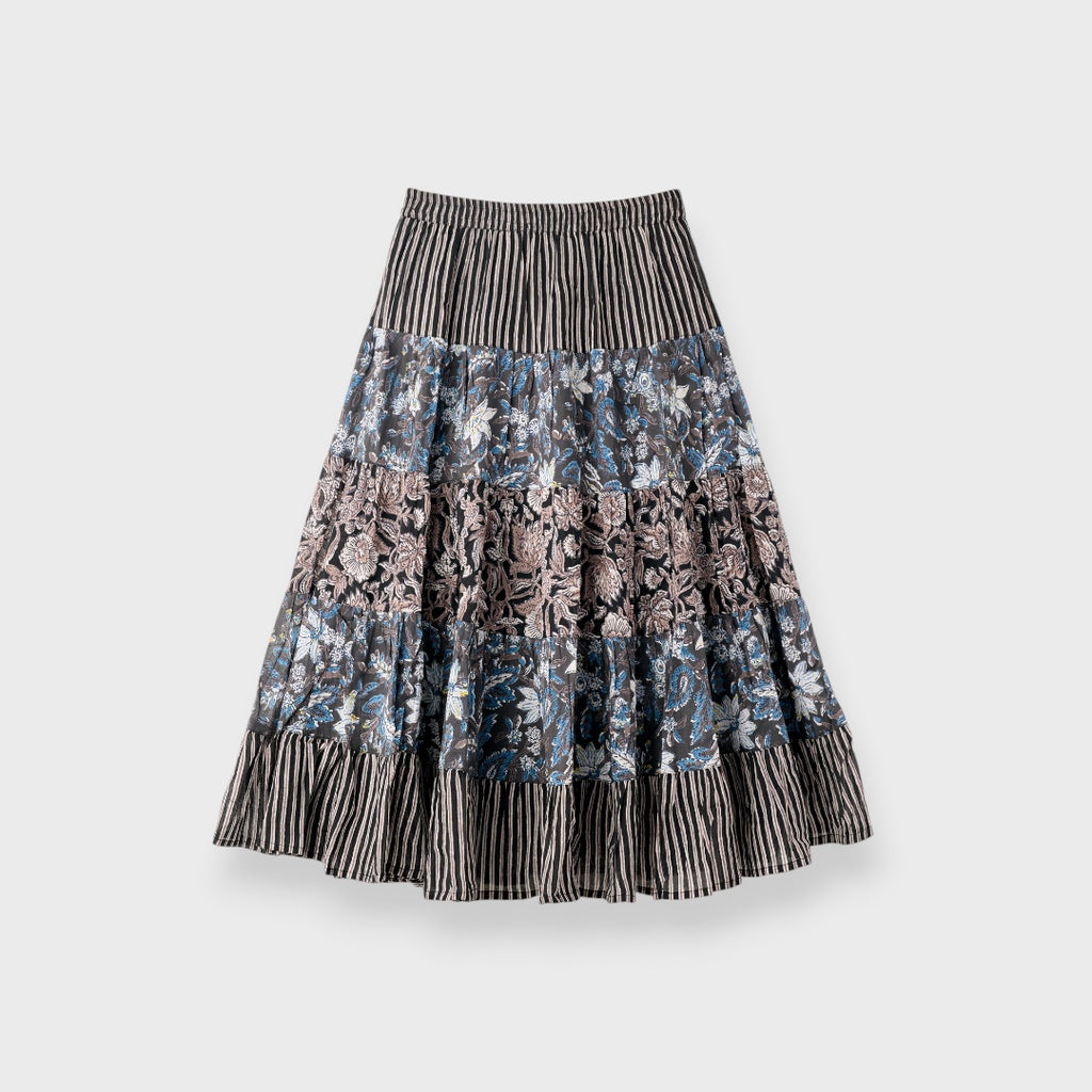 PATCHWORK FLORAL TIERED SKIRT – FLOWY EVERYDAY SKIRT WITH MIXED PRINT CHARM