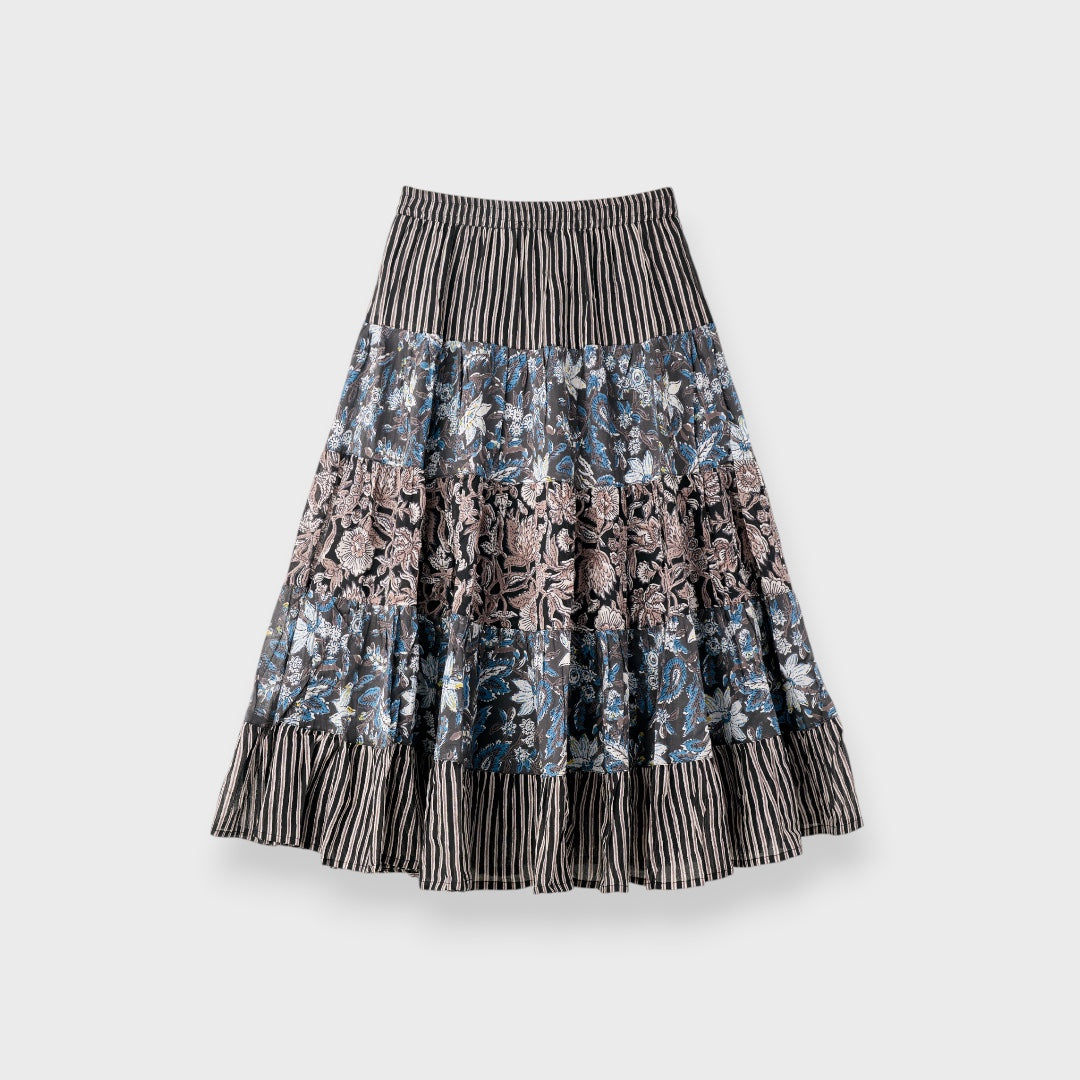 PATCHWORK FLORAL TIERED SKIRT – FLOWY EVERYDAY SKIRT WITH MIXED PRINT CHARM