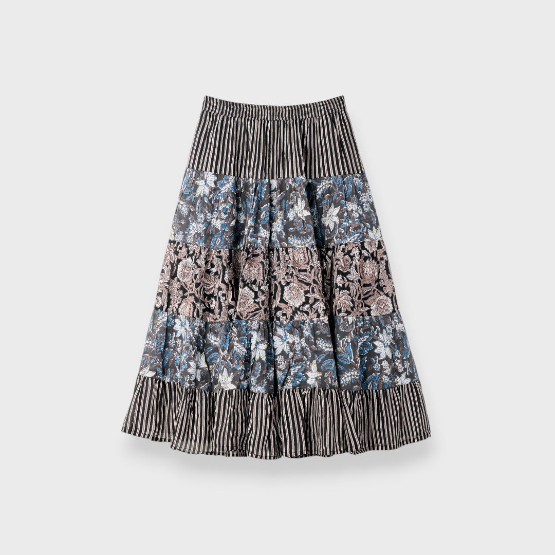 PATCHWORK FLORAL TIERED SKIRT – FLOWY EVERYDAY SKIRT WITH MIXED PRINT CHARM