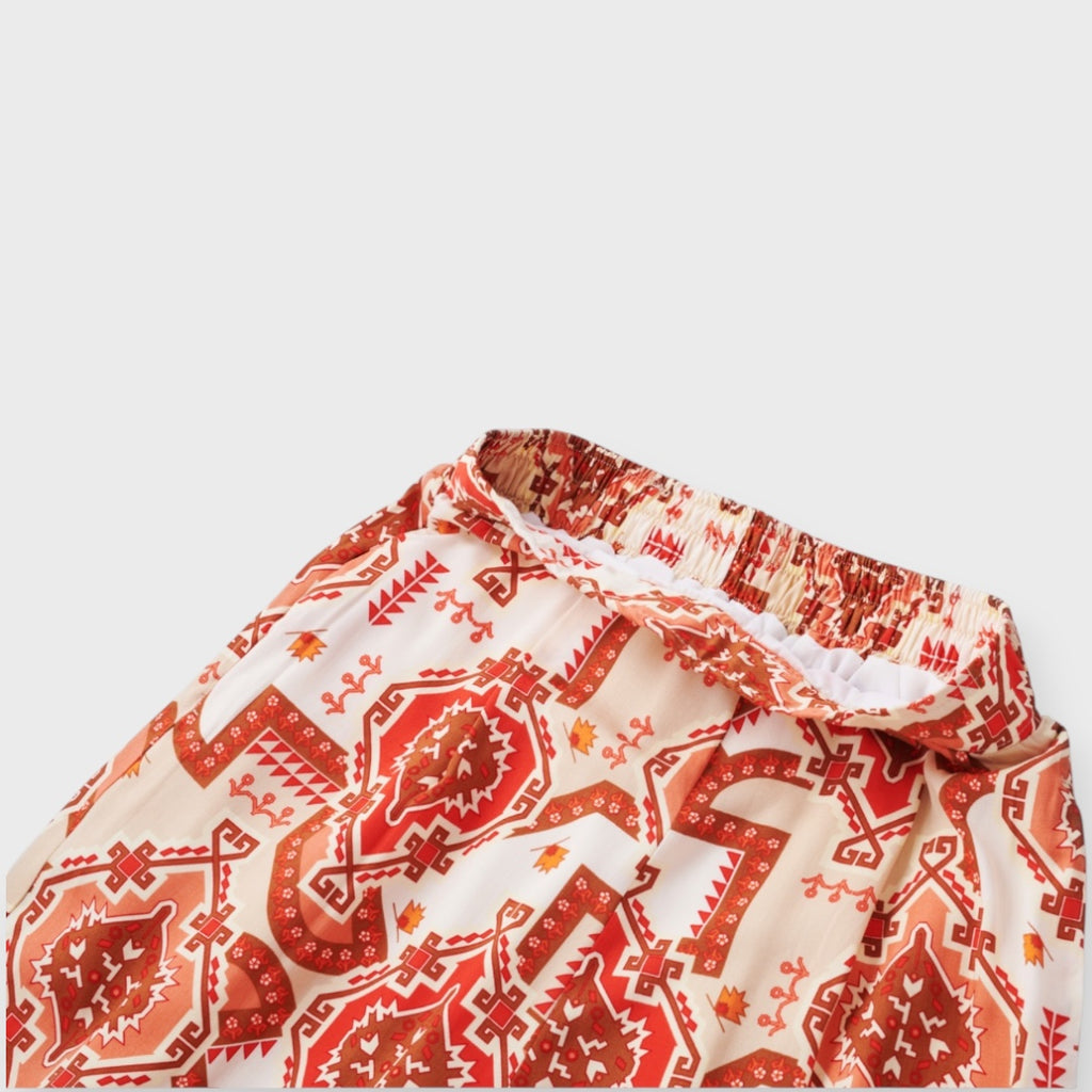 กางเกงขายาวลายโบฮีเมียน เอวสม็อค ทรงขากว้าง ใส่สบาย สายชิลต้องมี