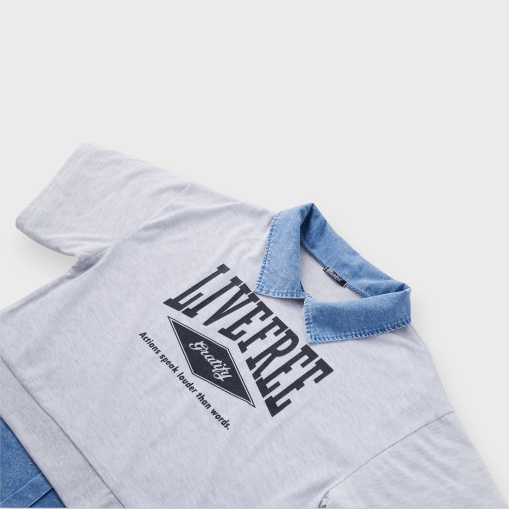 เสื้อยืดคอปกเดนิม พิมพ์ลาย LIVEFREE ทรงครอป ใส่สบายมีลูกเล่น