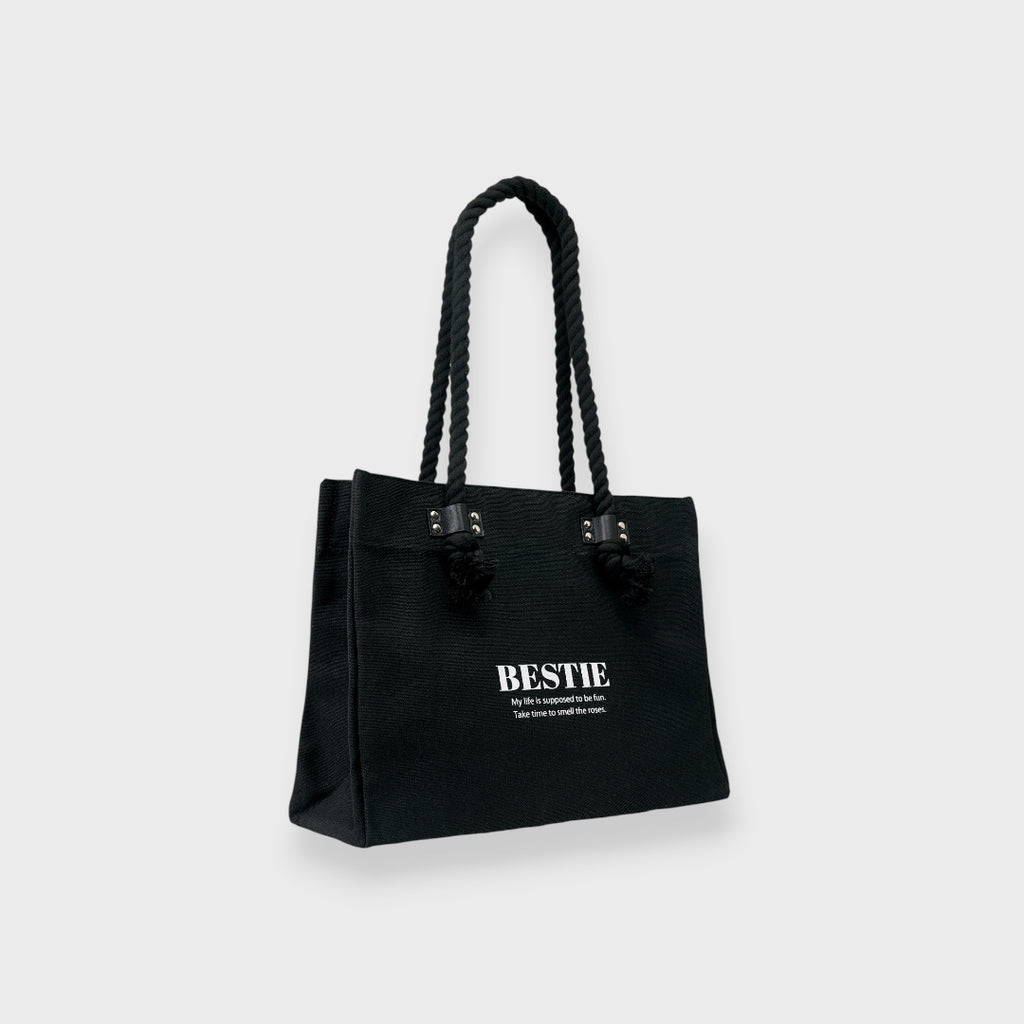 LADIES CANVAS ROPE HANDLE TOTE BAG BLACK