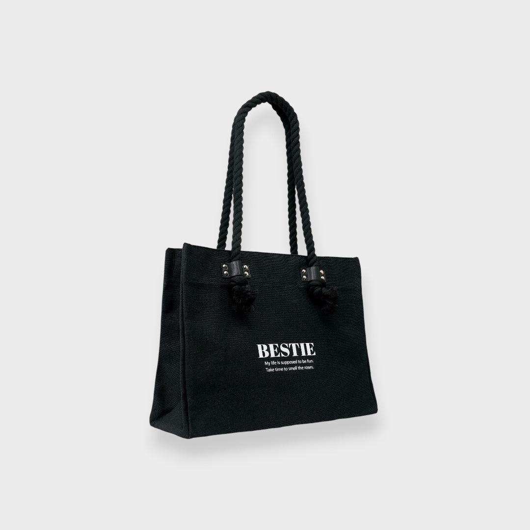 LADIES CANVAS ROPE HANDLE TOTE BAG BLACK