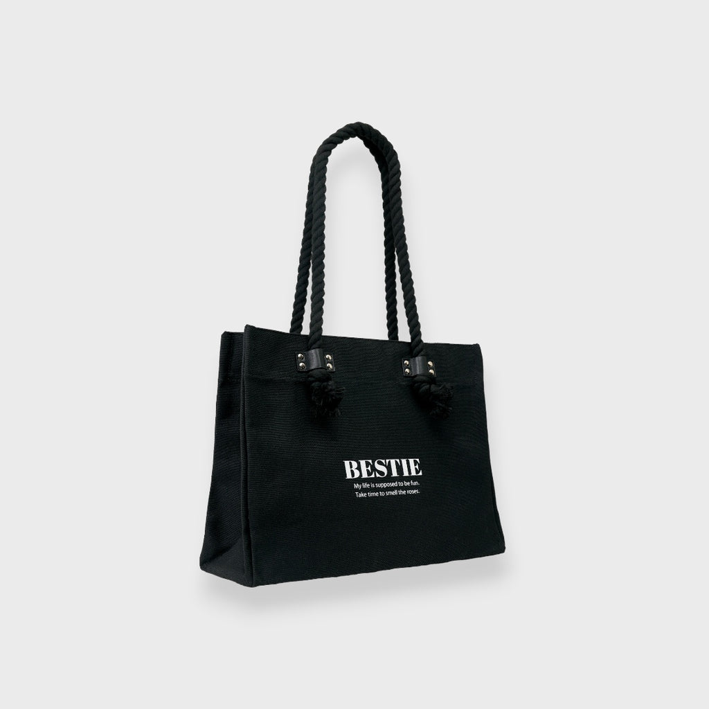LADIES CANVAS ROPE HANDLE TOTE BAG BLACK